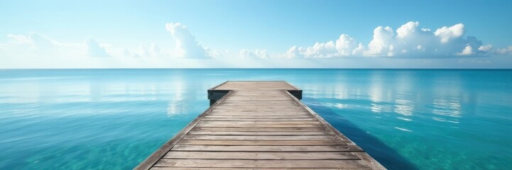 Fototapeta premium Wooden dock stretches out over still waters under clear sky, stretch, still
