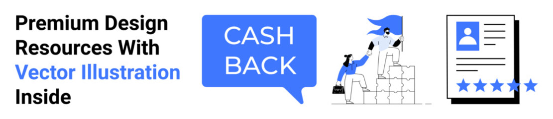 Cashback speech bubble, people climbing stairs with rewards, and profile card with 5-star rating. Ideal for finance, teamwork, reviews, customer loyalty, e-commerce, recruitment flat landing page