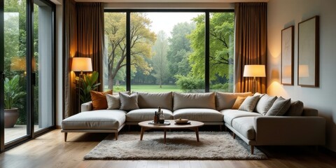Serene Living Room with Sectional Sofa and Expansive Window Views of Lush Greenery