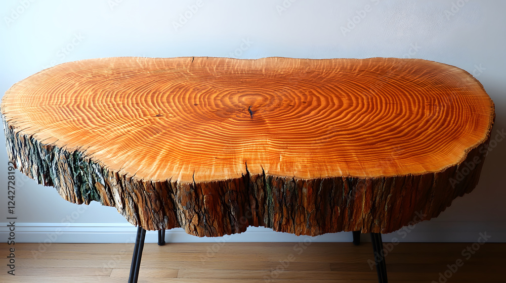 Poster a beautifully crafted wooden table showcasing natural grain patterns and a rustic edge, combining el