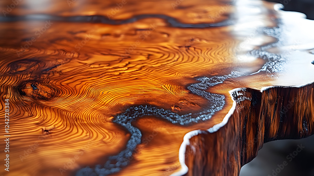 Poster a close-up view of a beautifully crafted wooden surface, showcasing intricate grain patterns and a s