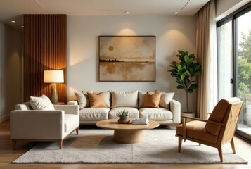 Fototapeta premium Modern Living Room Interior Design with Neutral Tones and Natural Wood Accents Featuring a Comfortable Sofa, Armchair, and Stylish Coffee Table