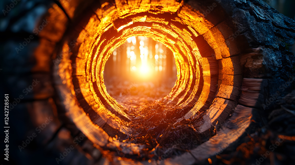 Poster a warm, glowing light shines through a hollow log, surrounded by trees, creating a serene forest atm