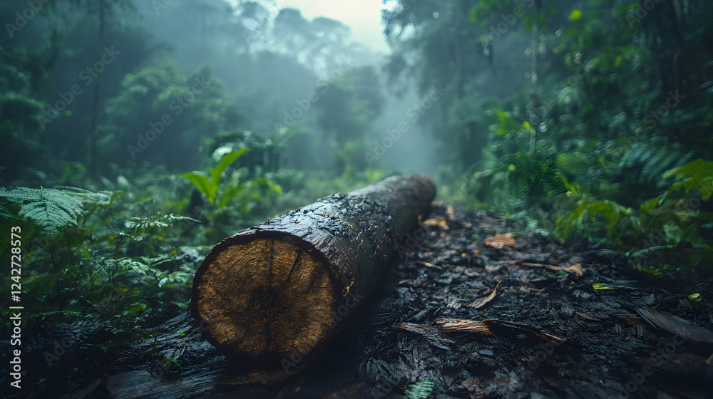 Poster a fallen log in a misty forest, surrounded by lush greenery and ferns, creates a tranquil, natural a