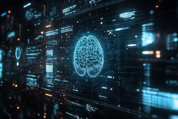 A futuristic digital brain interface surrounded by holographic data visualizations and interactive elements, symbolizing advanced artificial intelligence technology. 