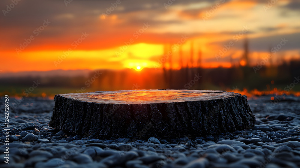 Poster a tree stump rests on a rocky surface under a colorful sunset, with warm hues illuminating the lands