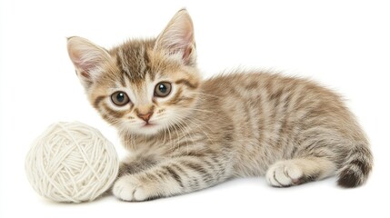 Obraz premium Cute kitten playing yarn ball studio white background
