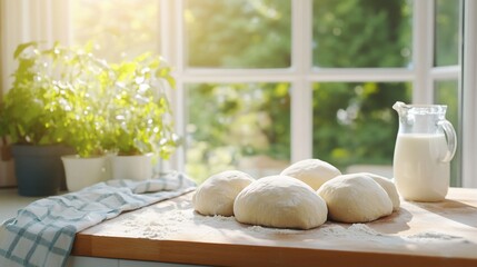 Sunlit kitchen, pizza dough rising, milk, herbs
