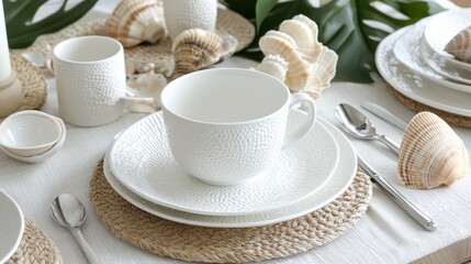 A beautifully arranged dining table with white dishware and seashell decorations.