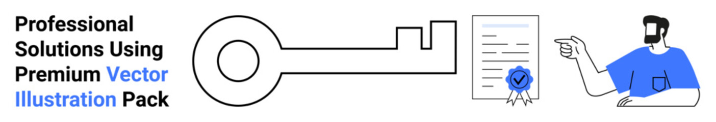 Key symbolizing access to solutions, certified document, and professional pointing. Ideal for innovation, success, resources, strategy, business deals, growth flat landing page banner