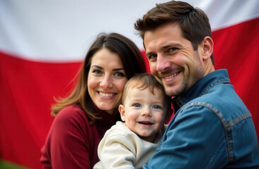 Family of mother, father and little son with big flag of Poland on background. Polish Flag Day. Independence Day. Children's day. Benefits for young families in Poland concept.