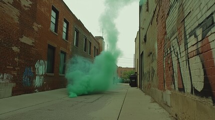 Green smoke bomb alleyway urban scene escape