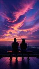 couple sitting on a bench at sunset