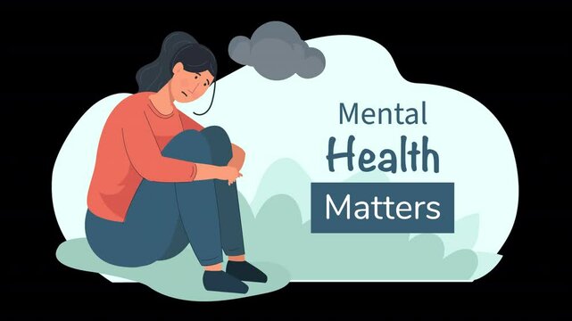 Illustrate mental health topics with this flat character design animation scene, featuring relatable characters and supportive messages.