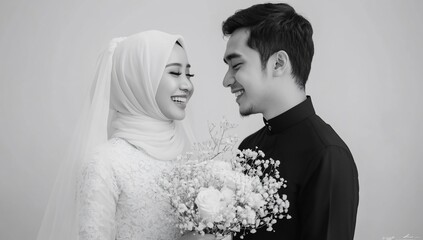 Happy Muslim couple in love, monochrome portrait.