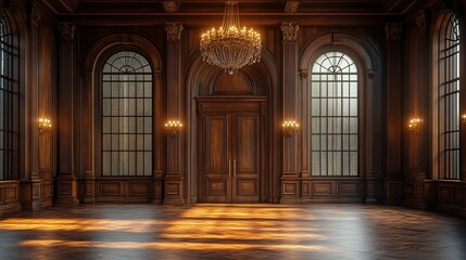 Obraz premium Elegant interior of a grand ballroom with a chandelier, wooden paneling, and large windows casting light
