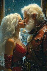 Obraz premium Romantic kiss between festive characters in a snowy winter cabin setting at night