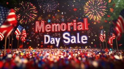 Memorial Day sale banner with American flags fireworks and colorful confetti.
