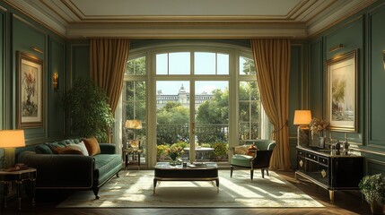 Elegant living room, city view, sunlight, interior design, home decor, luxury apartment