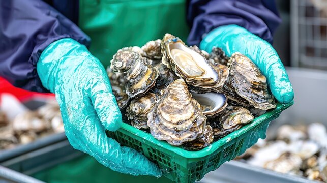 A person holding a green basket filled with fresh oysters at a market.