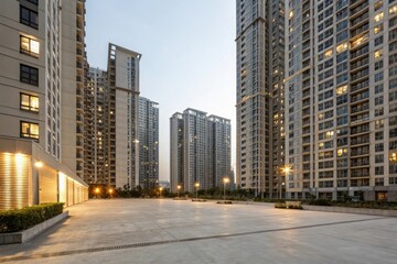Fototapeta premium Windows in a residential high-rise complex lighting up the surrounding area, urban illumination effects, residential skyscraper windows, nighttime view
