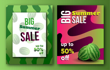 Sale poster, flyer with watermelons and pink background. Light and dark green stripes of watermelon. Vector illustration