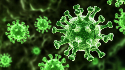 3D-rendered close-up of a green virus particle floating in a dark background, showcasing its structure. Ideal for medical, scientific, and health-related visuals.