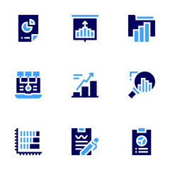 Analysis icon set. Bold style. Duotone colors. dataanalysis, barchart, folder, analysis, report, growth, productivity, seo, projection