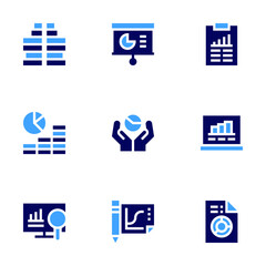 Fototapeta premium Analysis icon set. Bold style. Duotone colors. pyramid, barchart, research, analysis, presentation, graphic, piechart, analytics