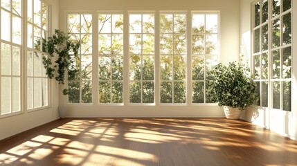 Obraz premium A bright and airy room interior with natural sunlight streaming through large windows
