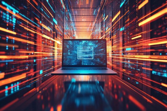 A laptop floating in the center of an empty data center, with rows and rows of server racks in a symmetrical composition. The scene is illuminated by cinematic lighting