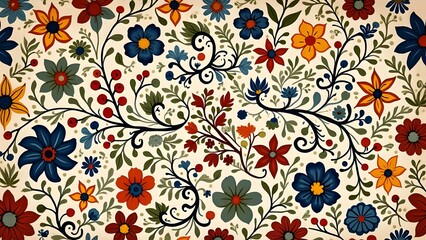 Intricate Kalamkari Pattern with Swirling Floral Vines and Mythological Figures