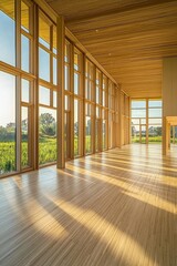 Fototapeta premium A large room with light wooden floors and ceiling, many windows on the left side of the space looking out onto an open field. 