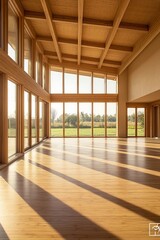 Fototapeta premium A large room with light wooden floors and ceiling, many windows on the left side of the space looking out onto an open field. 