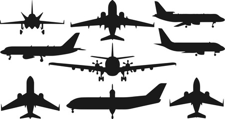 Nine airplane vector silhouettes