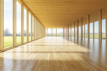 Obraz premium A large room with light wooden floors and ceiling, many windows on the left side of the space looking out onto an open field. 