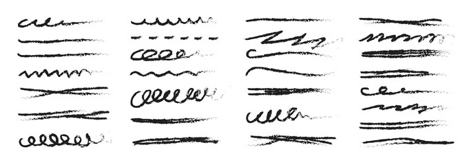  marker underline brush stroke set. Hand drawn black charcoal lines. Typography ink brush lines. Marker red and black pen highlights squiggle stroke. Vector illustration on white background