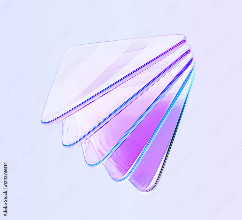 Poster 3d abstract glass holographic transparent triangle plates with layer effect render. Iridescent acrylic or plastic triangular shapes with rainbow light gradient on blue background. 3D illustration