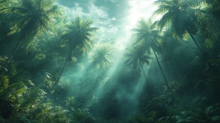 Fototapeta premium Sunbeams pierce misty tropical jungle palm trees