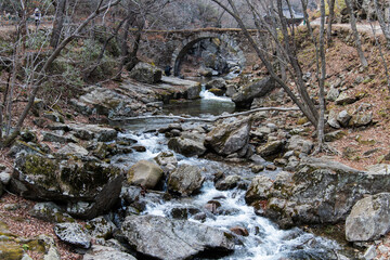 footbridge and flowing stream in the valley