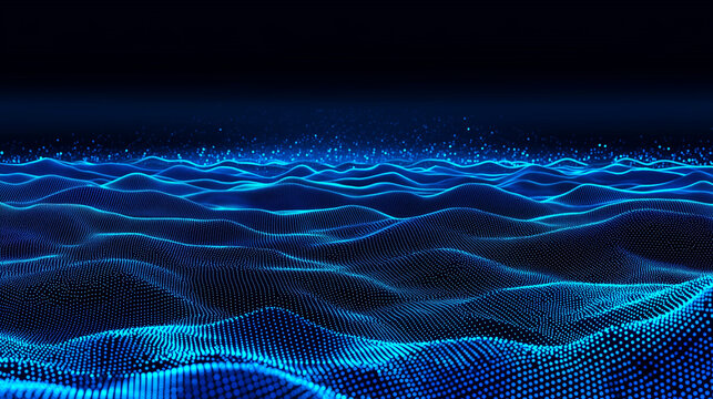 A 3D digital waveform of blue glowing dots forming a futuristic data grid. Symbolizing AI, quantum computing, and blockchain networks for technology and finance themes.