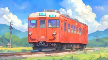 A vibrant orange train travels along a scenic route, surrounded by lush greenery and distant mountains under a bright blue sky.