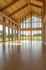 A large room with light wooden floors and ceiling, many windows on the left side of the space looking out onto an open field. 