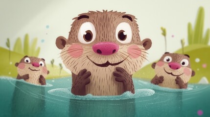 Obraz premium Cartoon otters playfully emerge from water, showcasing their cheerful expressions in a vibrant, nature-inspired setting.