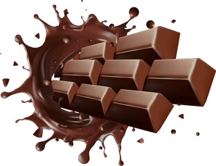 Dark chocolate bar chocolate Splashing with chocolate background and chocolate lava realistic splash of chocolate milk chocolate flow pouring, Realistic vector illustration, Mesh gradient wes