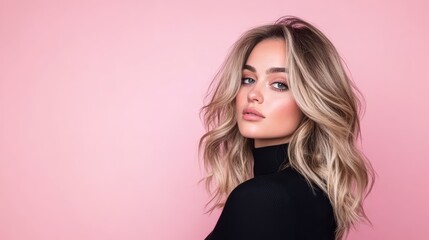 Naklejka premium Professional portrait session featuring a model with long, wavy hair against a soft pink background showcasing beauty and elegance
