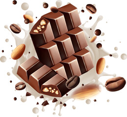 Milk Chocolate splash with almond Bean and coffee  falling, 3d vector.Mesh gradient wes used