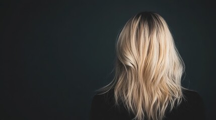 Naklejka premium Professional studio capturing long blonde hair with soft waves against a simple dark background showcasing stylistic elegance and beauty