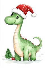 Festive dinosaur wearing a santa hat celebrates the holiday season in a winter wonderland