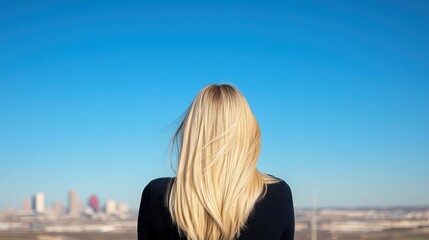 View from the rooftop of a professional photography studio showcasing a model with long blonde hair against a clear blue sky and distant city skyline